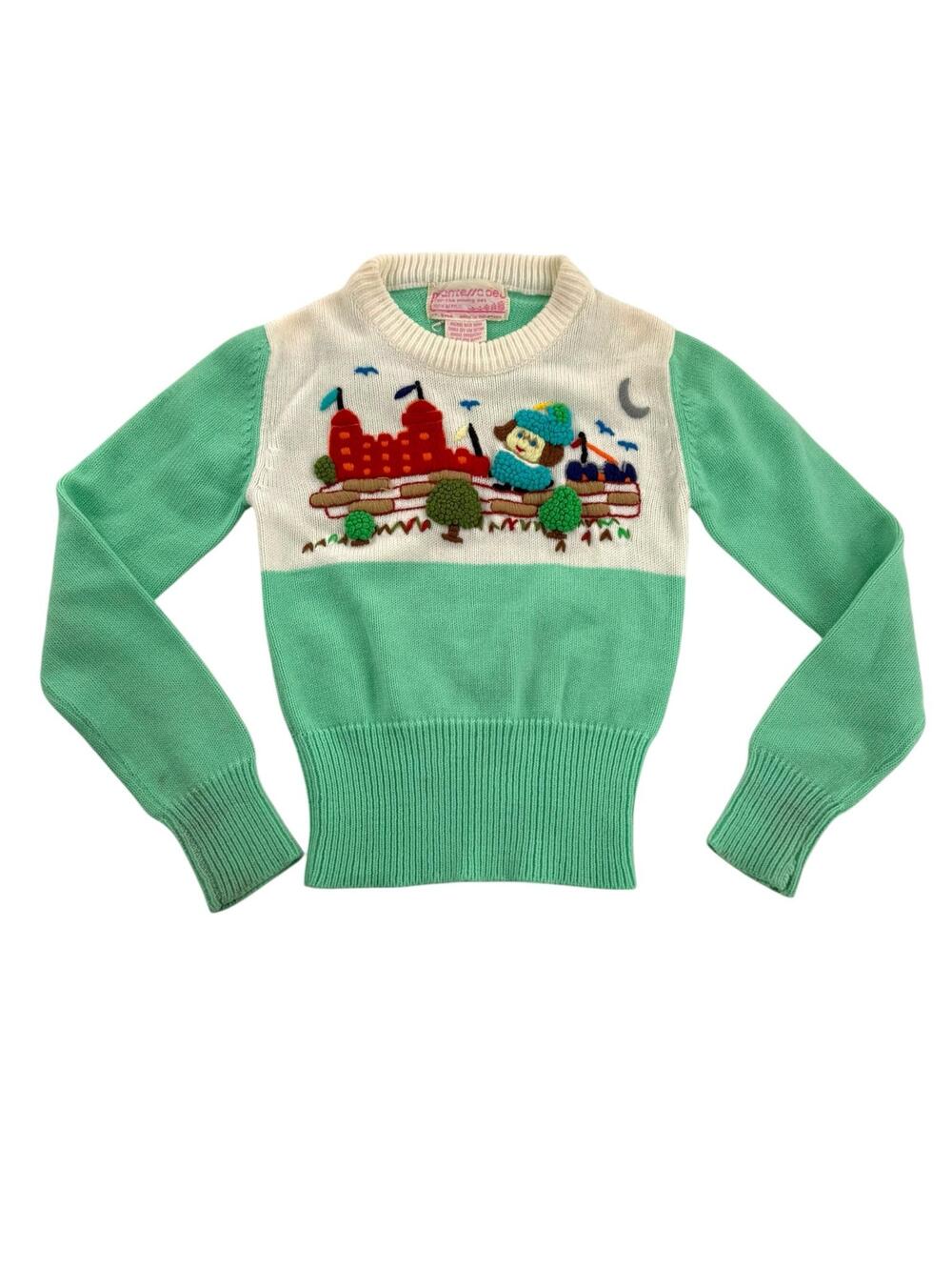 Vintage Mantessa 80s Girls 6 Sweater 3D Embroidered Castle Novelty Knit Green